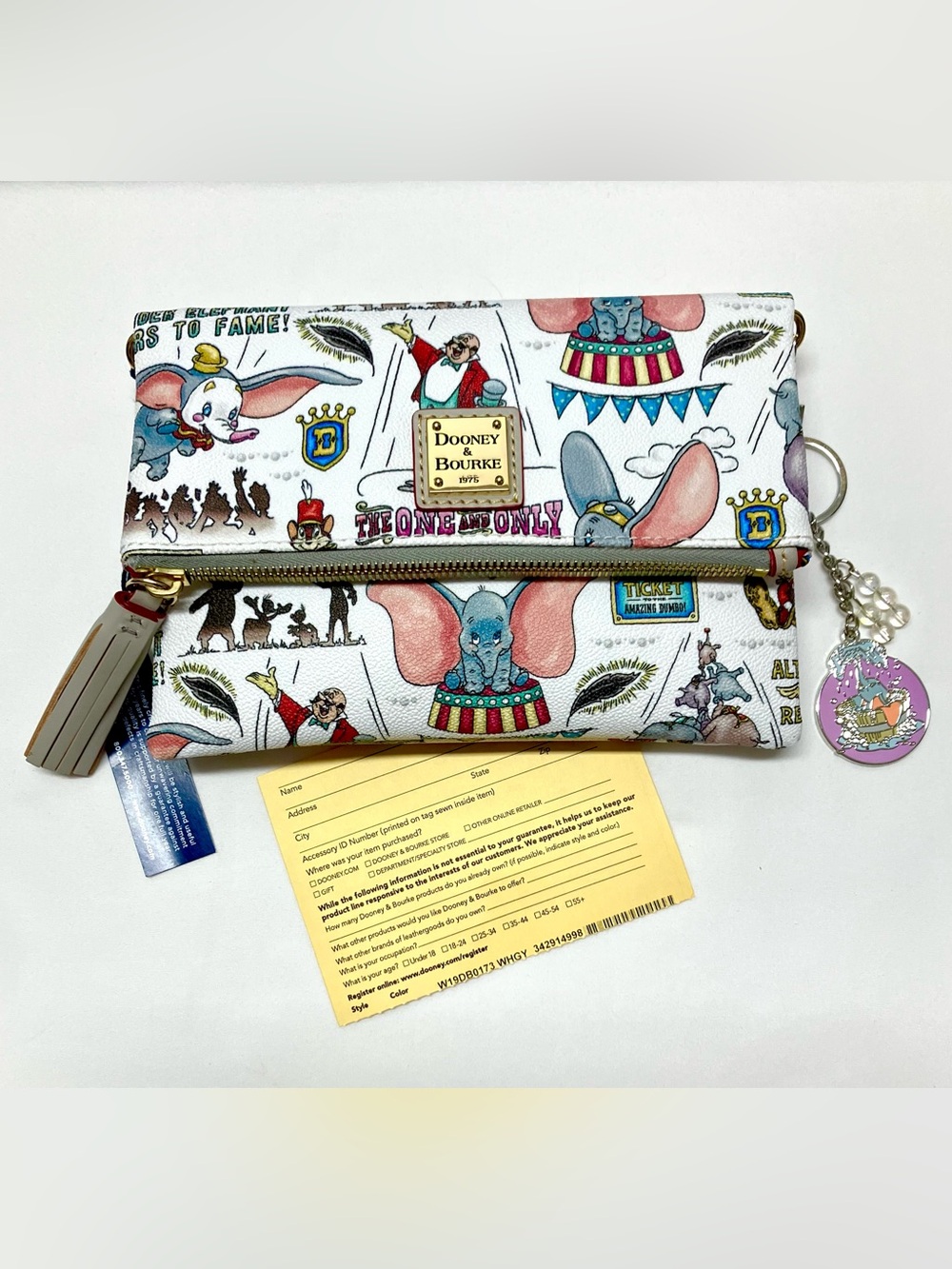 Dooney & Bourke Disney Dumbo Crossbody/Clutch Fold over Bag and Purse Charm NWT